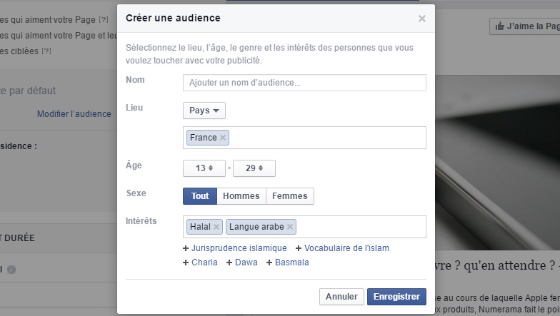 Création d'une campagne publicitaire sur Facebook. Il est possible d'ajouter jusqu'à 10 "centres d'intérêt" Création d'une campagne publicitaire sur Facebook. Il est possible d'ajouter jusqu'à 10 "centres d'intérêt"
