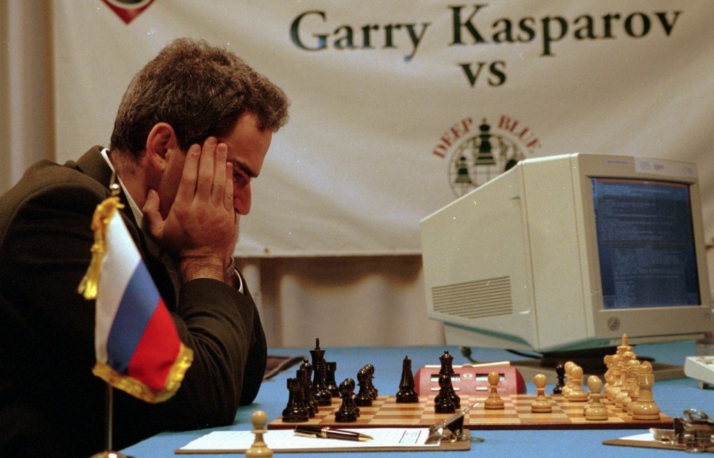 Garry Kasparov ponders his chess moves during his third game with IBM's Deep Blue Tuesday, Feb.13, 1996 at the Convention Center in Philadelphia. Wednesday's game ended in a draw, but Kasparov ended up winning the final game and series 4-2 against the supercomputer. "Fighting this computer has changed the way I--and I imagine most others--will approach the game in the future," he said after winning the final game Saturday night. (AP Photo/George Widman) Garry Kasparov ponders his chess moves during his third game with IBM's Deep Blue Tuesday, Feb.13, 1996 at the Convention Center in Philadelphia. Wednesday's game ended in a draw, but Kasparov ended up winning the final game and series 4-2 against the supercomputer. "Fighting this computer has changed the way I--and I imagine most others--will approach the game in the future," he said after winning the final game Saturday night. (AP Photo/George Widman)