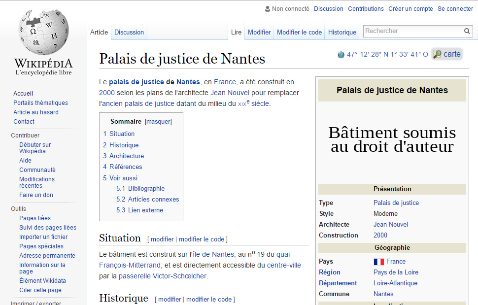 Proposer une photographie du Palais de Justice de Nantes (œuvre de Jean Nouvel) à Wikipédia pourrait vous y conduire, en tant qu'accusé. Proposer une photographie du Palais de Justice de Nantes (œuvre de Jean Nouvel) à Wikipédia pourrait vous y conduire, en tant qu'accusé.