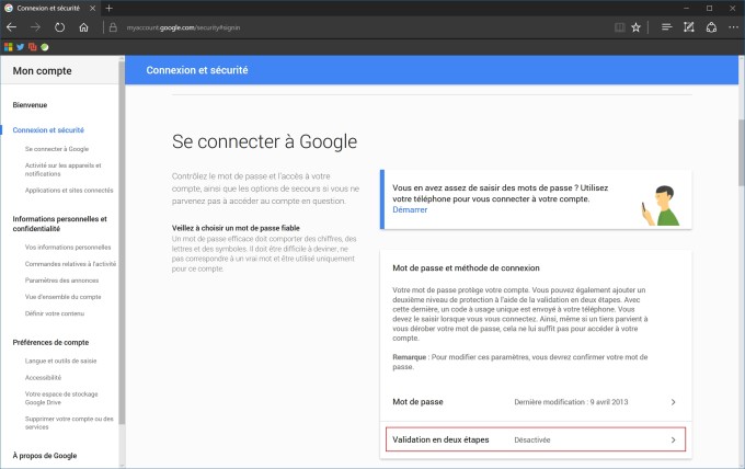 Google paramètre activation en deux étapes Google paramètre activation en deux étapes