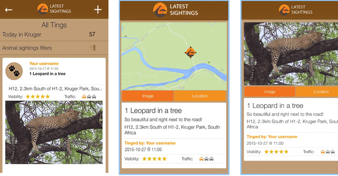 Latest Sightings, l'une des applications Android qui permet de suivre les animaux dans le parc Kruger. Latest Sightings, l'une des applications Android qui permet de suivre les animaux dans le parc Kruger.