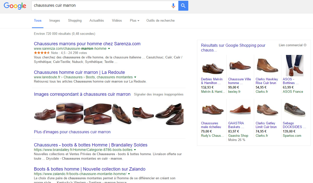 Sur la droite, les résultats issus du comparateur Google Shopping. Sur la droite, les résultats issus du comparateur Google Shopping.
