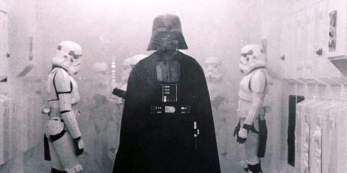 In this 1977 image provided by 20th Century-Fox Film Corporation, Darth Vader, played by David Prowse and voiced by James Earl Jones, and his Imperial stormtroopers take over the Rebel Blockade Runner in a scene from "Star Wars." The intergalactic adventure launched in theaters 35 years ago on May 25, 1977, introducing the world to The Force, Luke Skywalker, Darth Vader, Princess Leia, Han Solo and a pair of loveable droids named R2-D2 and C-3PO. (AP Photo/20th Century-Fox Film Corporation) In this 1977 image provided by 20th Century-Fox Film Corporation, Darth Vader, played by David Prowse and voiced by James Earl Jones, and his Imperial stormtroopers take over the Rebel Blockade Runner in a scene from "Star Wars." The intergalactic adventure launched in theaters 35 years ago on May 25, 1977, introducing the world to The Force, Luke Skywalker, Darth Vader, Princess Leia, Han Solo and a pair of loveable droids named R2-D2 and C-3PO. (AP Photo/20th Century-Fox Film Corporation)