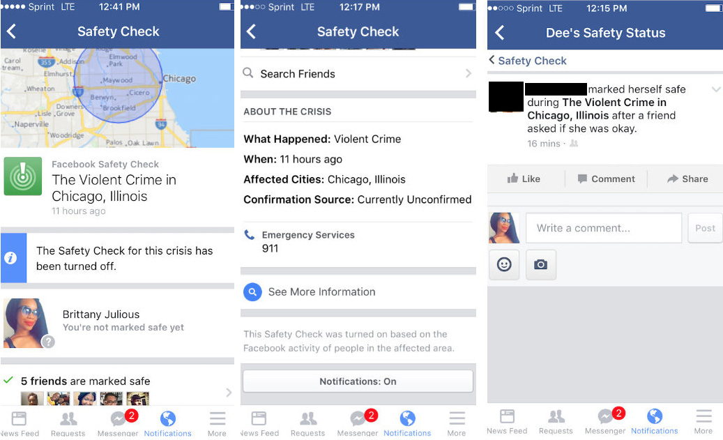 Un Safety Check déclenché automatiquement par algorithmes à Chicago. Un Safety Check déclenché automatiquement par algorithmes à Chicago.