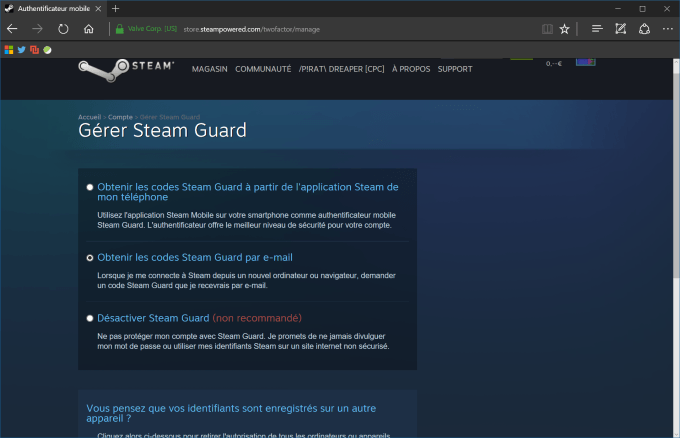 Steam Guardparamètre activation en deux étapes Steam Guardparamètre activation en deux étapes