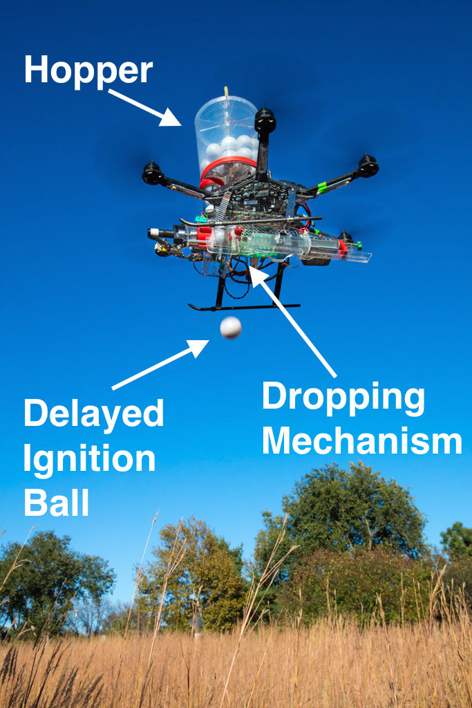 Dirac Twidwell , left, Sebastian Elbaum, and Carrick Detweiler are on fire with their new patent for setting range fires with small drones. The drone injects a liquid into plastic spheres to start a delayed fiery process so the balls can fall to the ground before igniting. Elbaum and Detweiler are professors of computer science and engineering. Twidwell is an assistant professor and gangland ecologist in the school of natural resources. October 29, 2015. Photo by Craig Chandler / University Communications Dirac Twidwell , left, Sebastian Elbaum, and Carrick Detweiler are on fire with their new patent for setting range fires with small drones. The drone injects a liquid into plastic spheres to start a delayed fiery process so the balls can fall to the ground before igniting. Elbaum and Detweiler are professors of computer science and engineering. Twidwell is an assistant professor and gangland ecologist in the school of natural resources. October 29, 2015. Photo by Craig Chandler / University Communications