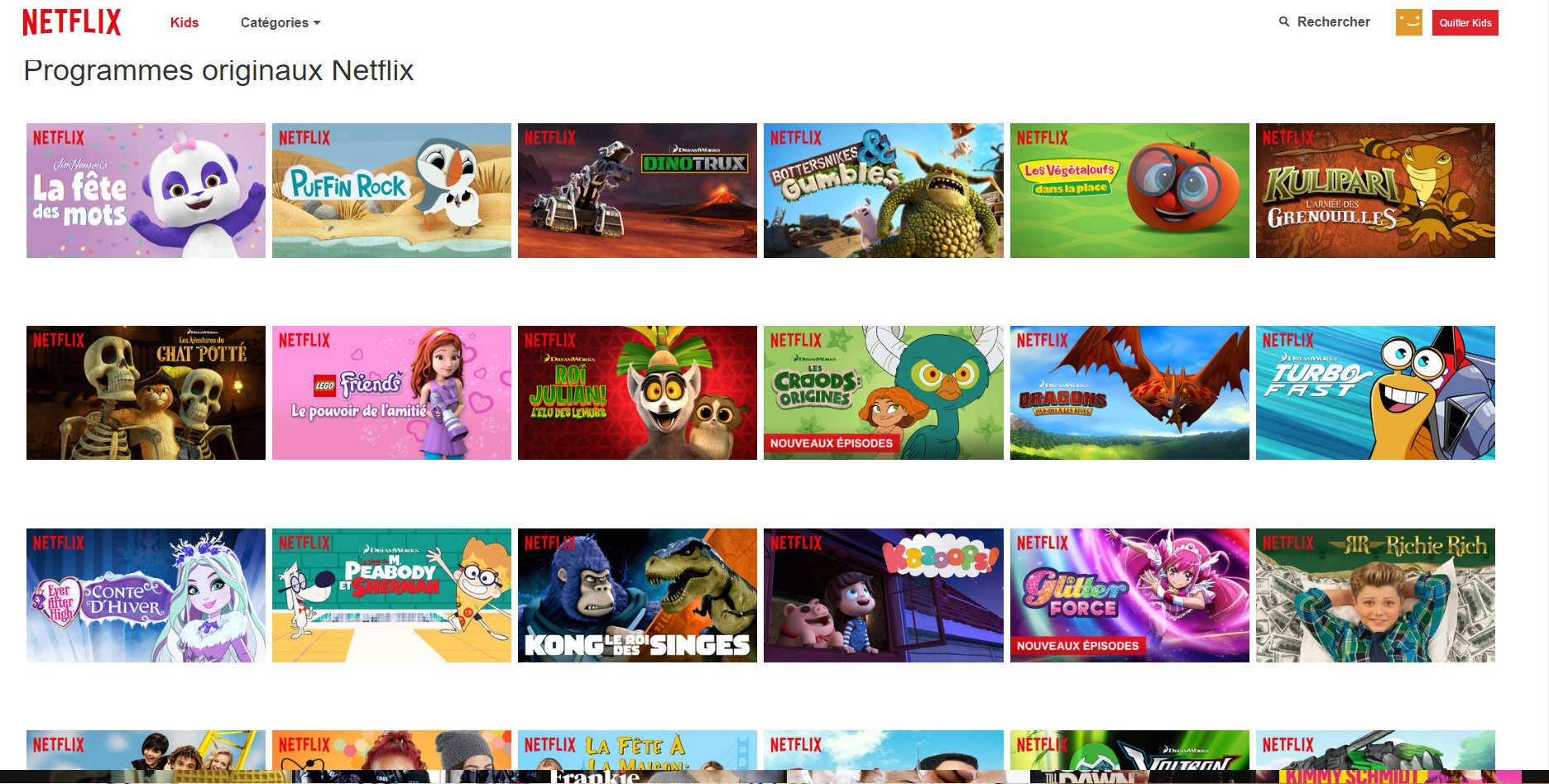 Netflix Kids a perdu les droits de Disney en France, mais de nombreux dessins animés produits ou co-produits par Netflix sont proposés.