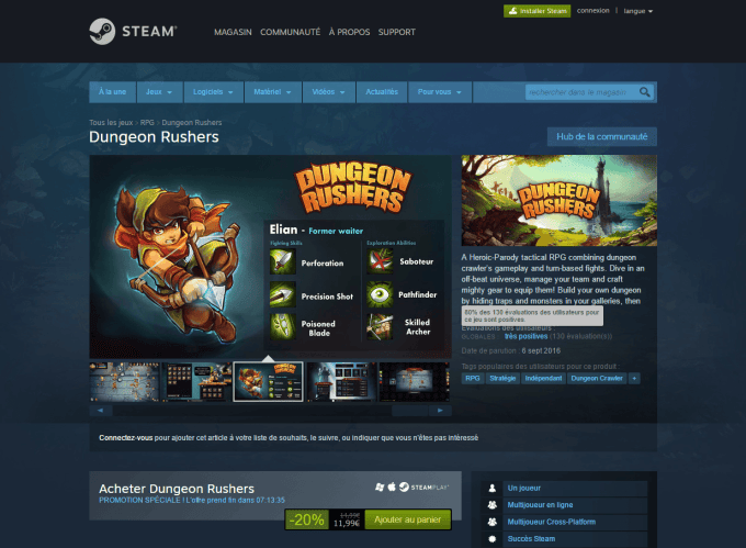 Dungeon Rushers passe de 84% à 80% d'avis positifs sur Steam Dungeon Rushers passe de 84% à 80% d'avis positifs sur Steam