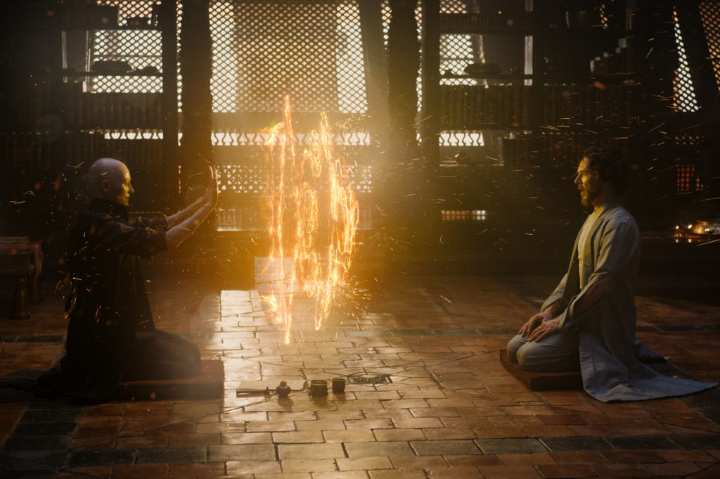 Marvel's DOCTOR STRANGE L to R: The Ancient One (Tilda Swinton) and Doctor Stephen Strange (Benedict Cumberbatch) Photo Credit: Jay Maidment &copy;2016 Marvel. All Rights Reserved.