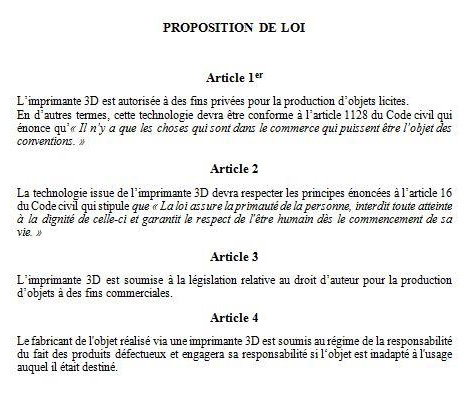 La proposition de loi sur l'impression 3D et l'ordre public, publiée par Nextinpact. La proposition de loi sur l'impression 3D et l'ordre public, publiée par Nextinpact.