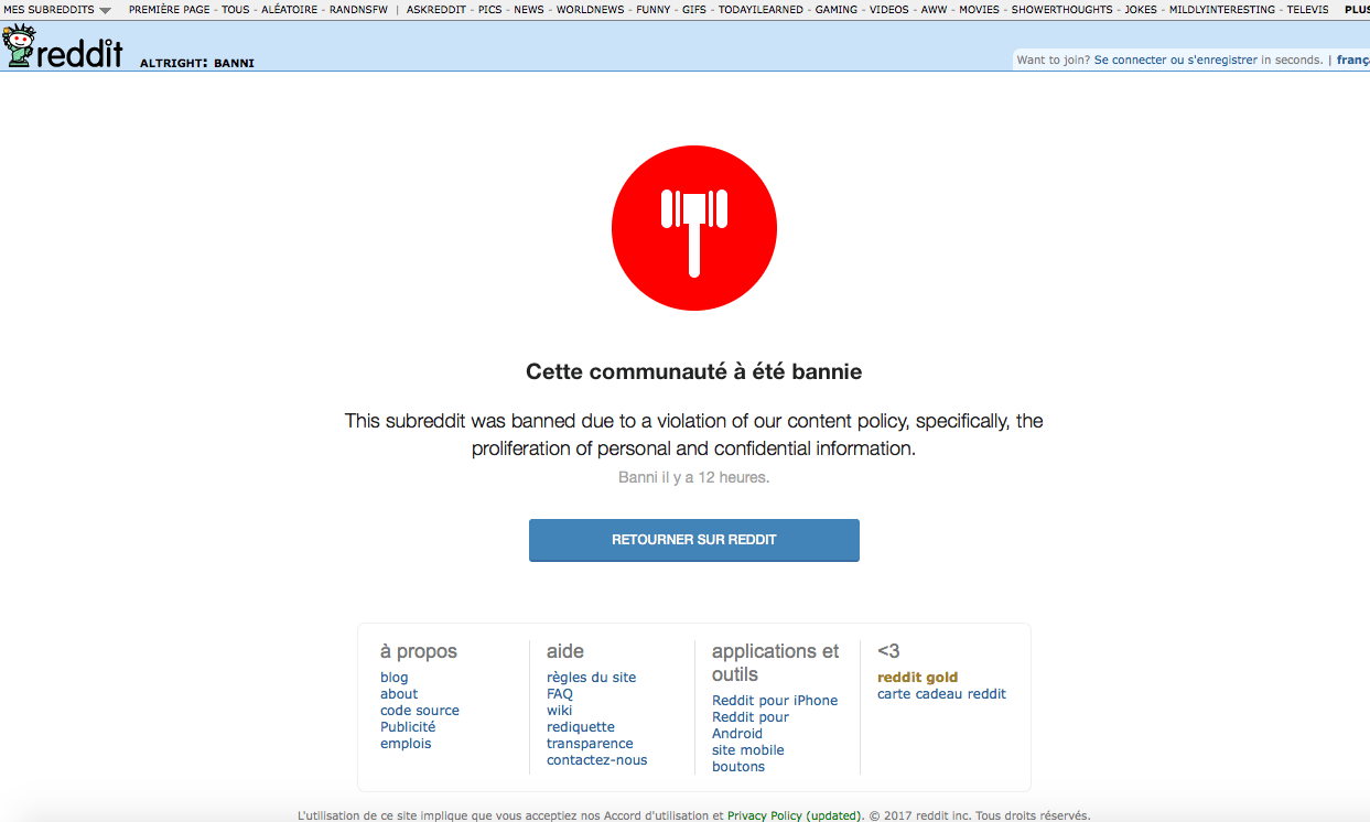 Le message affiché sur la page r/altright Le message affiché sur la page r/altright