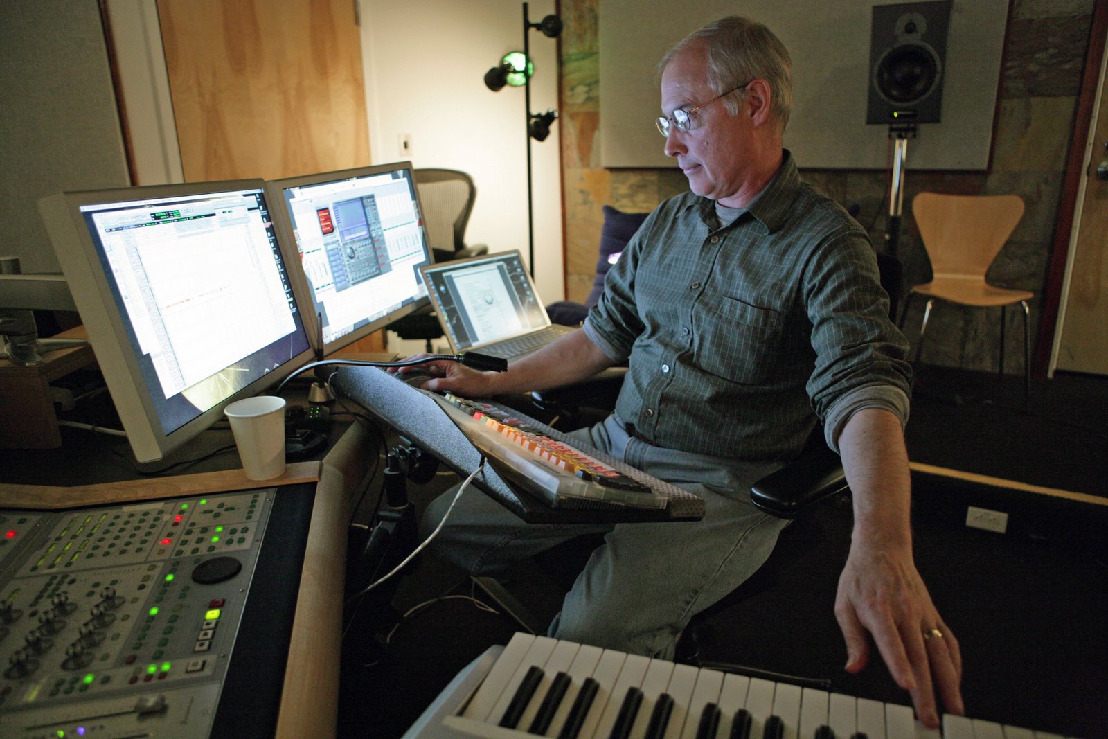 W-BTS-003:            BEN BURTT                     
Sound Designer Ben Burtt works in his office on WALLE in Soundhedge on February 14, 2008 at Pixar Animation Studios in Emeryville, Calif. (Photo by Deborah Coleman / Pixar)