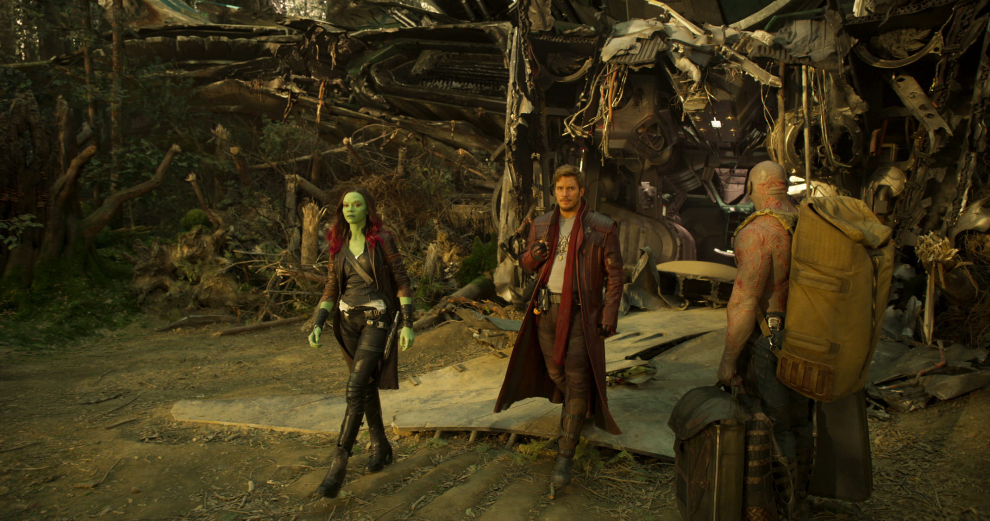 Guardians Of The Galaxy Vol. 2..L to R: Gamora (Zoe Saldana), Star-Lord/Peter Quill (Chris Pratt) and Drax (Dave Bautista)..Ph: Film Frame..©Marvel Studios 2017 Guardians Of The Galaxy Vol. 2..L to R: Gamora (Zoe Saldana), Star-Lord/Peter Quill (Chris Pratt) and Drax (Dave Bautista)..Ph: Film Frame..©Marvel Studios 2017