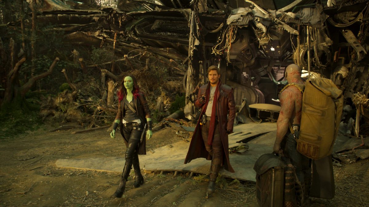 Guardians Of The Galaxy Vol. 2..L to R: Gamora (Zoe Saldana), Star-Lord/Peter Quill (Chris Pratt) and Drax (Dave Bautista)..Ph: Film Frame..©Marvel Studios 2017 Guardians Of The Galaxy Vol. 2..L to R: Gamora (Zoe Saldana), Star-Lord/Peter Quill (Chris Pratt) and Drax (Dave Bautista)..Ph: Film Frame..©Marvel Studios 2017