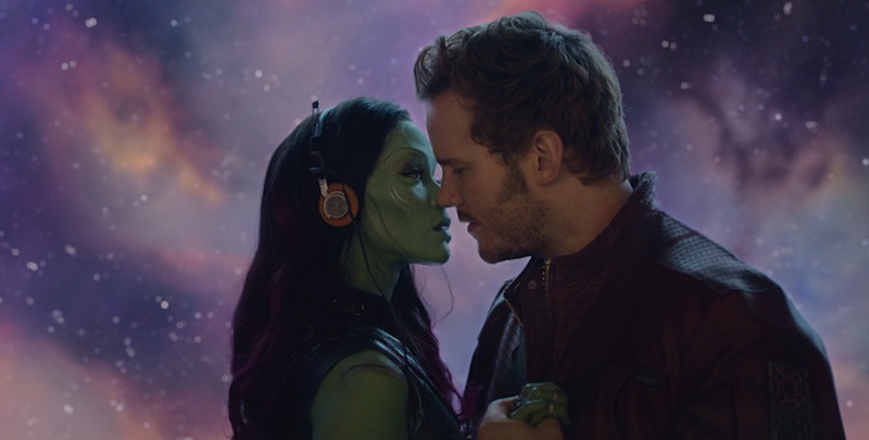 Marvel's Guardians Of The Galaxy
L to R: Gamora (Zoe Saldana) and Star-Lord/Peter Quill (Chris Pratt)
Ph: Film Frame
©Marvel 2014 Marvel's Guardians Of The Galaxy
L to R: Gamora (Zoe Saldana) and Star-Lord/Peter Quill (Chris Pratt)
Ph: Film Frame
©Marvel 2014