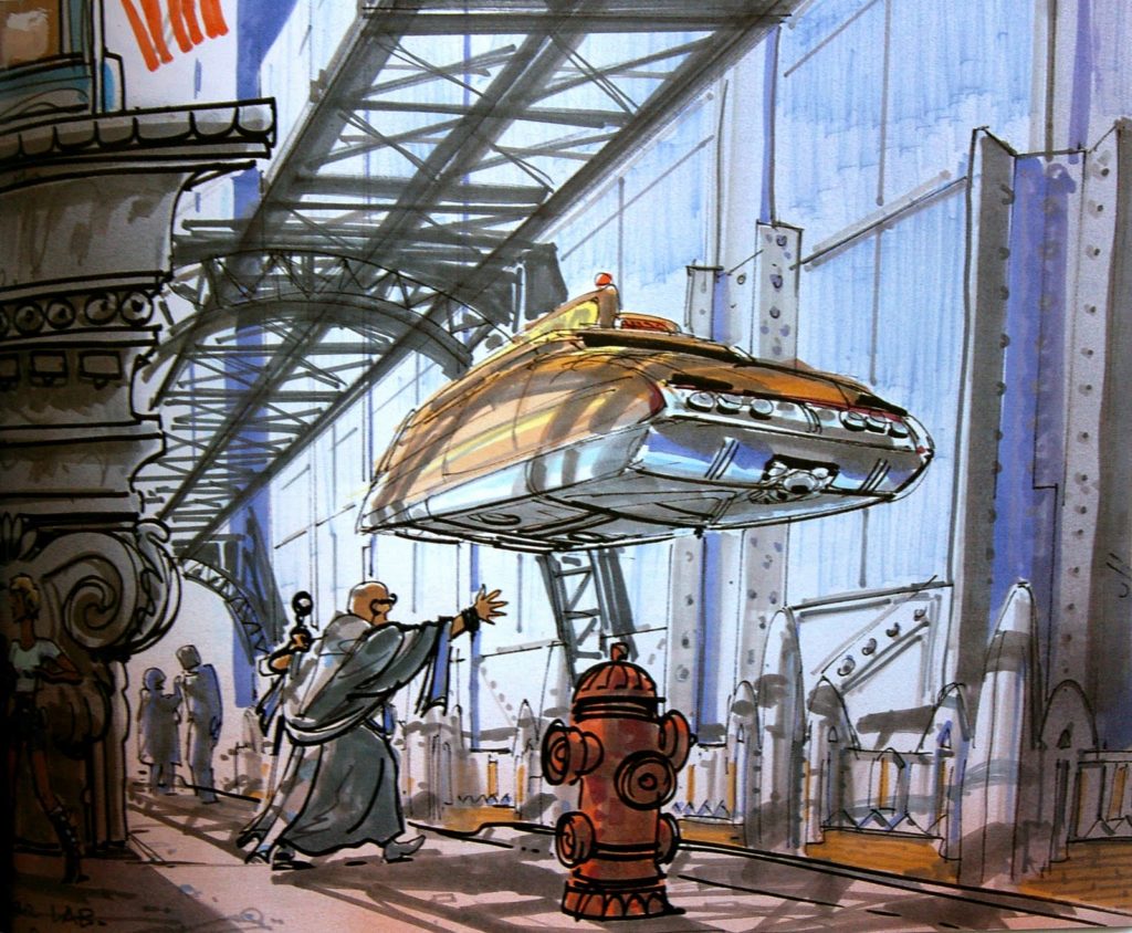 Concept-art réalisé par Jean-Claude Mézières pour la production du film Le Cinquième Élément de Luc Besson, sorti en 1997. Concept-art réalisé par Jean-Claude Mézières pour la production du film Le Cinquième Élément de Luc Besson, sorti en 1997.