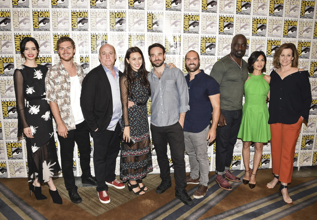 Krysten Ritter, Finn Jones, Jeph Loeb, Executive Producer, Jessica Henwick, Charlie Cox, Marco Ramirez, Executive Producer, Mike Colter, Elodie Yung and Sigourney Weaver Krysten Ritter, Finn Jones, Jeph Loeb, Executive Producer, Jessica Henwick, Charlie Cox, Marco Ramirez, Executive Producer, Mike Colter, Elodie Yung and Sigourney Weaver