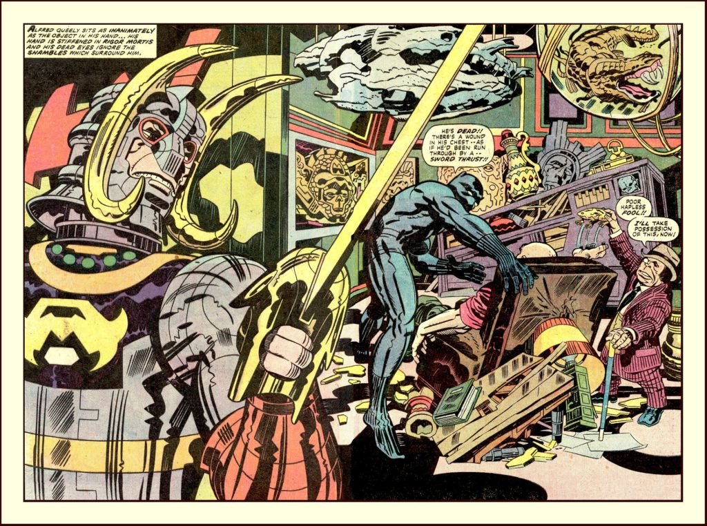 Double page du premier numéro de la série Black Panther de 1977, alors que Jack Kirby fait son grand retour chez Marvel Double page du premier numéro de la série Black Panther de 1977, alors que Jack Kirby fait son grand retour chez Marvel