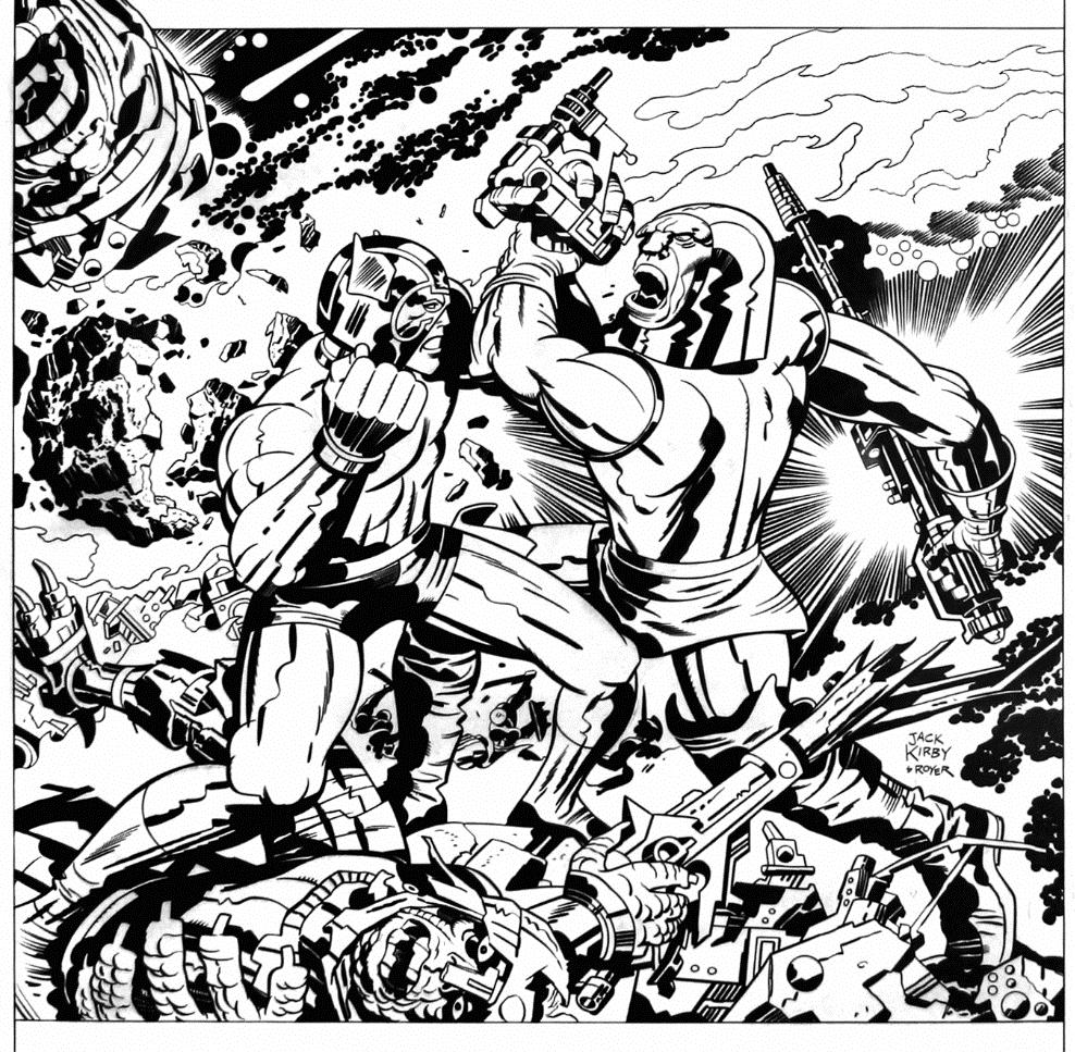 Illustration en noir et blanc de Jack Kirby, opposant Orion, le héros de la planète New Genesis, à Darkseid, maître de la planète Apokolips Illustration en noir et blanc de Jack Kirby, opposant Orion, le héros de la planète New Genesis, à Darkseid, maître de la planète Apokolips
