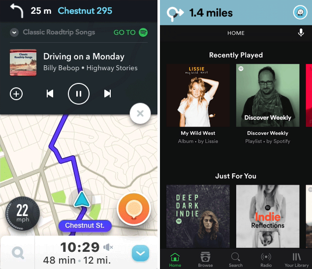 À gauche, le player Spotify dans Waze. À droite, les instructions de navigation de Waze dans Spotify. À gauche, le player Spotify dans Waze. À droite, les instructions de navigation de Waze dans Spotify.