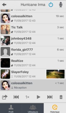 Capture d'écran des messages archivés sur Zello, disponibles à la réécoute Capture d'écran des messages archivés sur Zello, disponibles à la réécoute