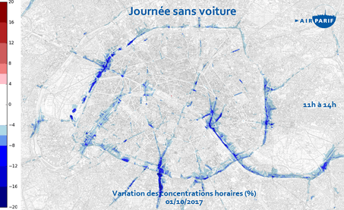 Variation en pourcentage des niveaux de dioxyde d'azote observés entre le 10 septembre et le 1er octobre, à météorologie comparable. Moyenne entre 11h et 14h. / Airparif Variation en pourcentage des niveaux de dioxyde d'azote observés entre le 10 septembre et le 1er octobre, à météorologie comparable. Moyenne entre 11h et 14h. / Airparif