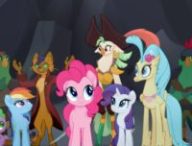 From L to R: Fluttershy (Andrea Libman), Spike (Cathy Weseluck), Rainbow Dash (Ashleigh Ball), Pinkie Pie (Andrea Libman), Rarity (Tabitha St. Germain), Princess Skystar (Kristin Chenoweth) and Applejack (Ashleigh Ball) in MY LITTLE PONY: THE MOVIE.