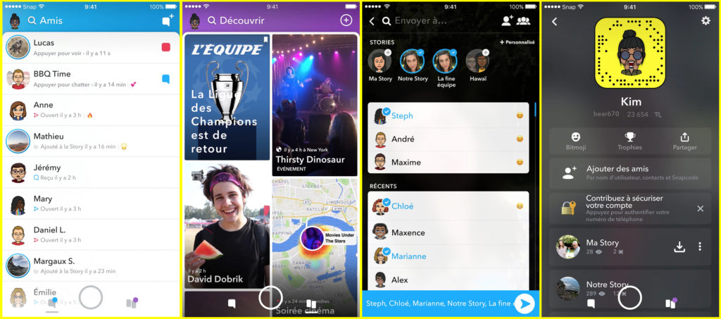Le nouveau Snapchat, une sucession d'écrans renouvelés pour séparer les contenus « sociaux » des contenus « médias » / Snap. Inc Le nouveau Snapchat, une sucession d'écrans renouvelés pour séparer les contenus « sociaux » des contenus « médias » / Snap. Inc