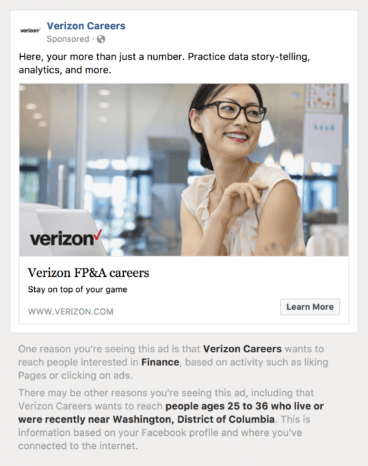 La capture d'une publicité ciblée de Verizon (ProPublica) La capture d'une publicité ciblée de Verizon (ProPublica)