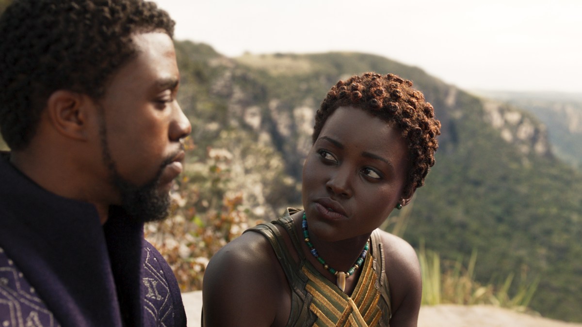 Marvel Studios’ BLACK PANTHER..L to R: T’Challa/Black Panther (Chadwick Boseman) and Nakia (Lupita Nyong’o)..Ph: Film Frame..©Marvel Studios 2018 Marvel Studios’ BLACK PANTHER..L to R: T’Challa/Black Panther (Chadwick Boseman) and Nakia (Lupita Nyong’o)..Ph: Film Frame..©Marvel Studios 2018