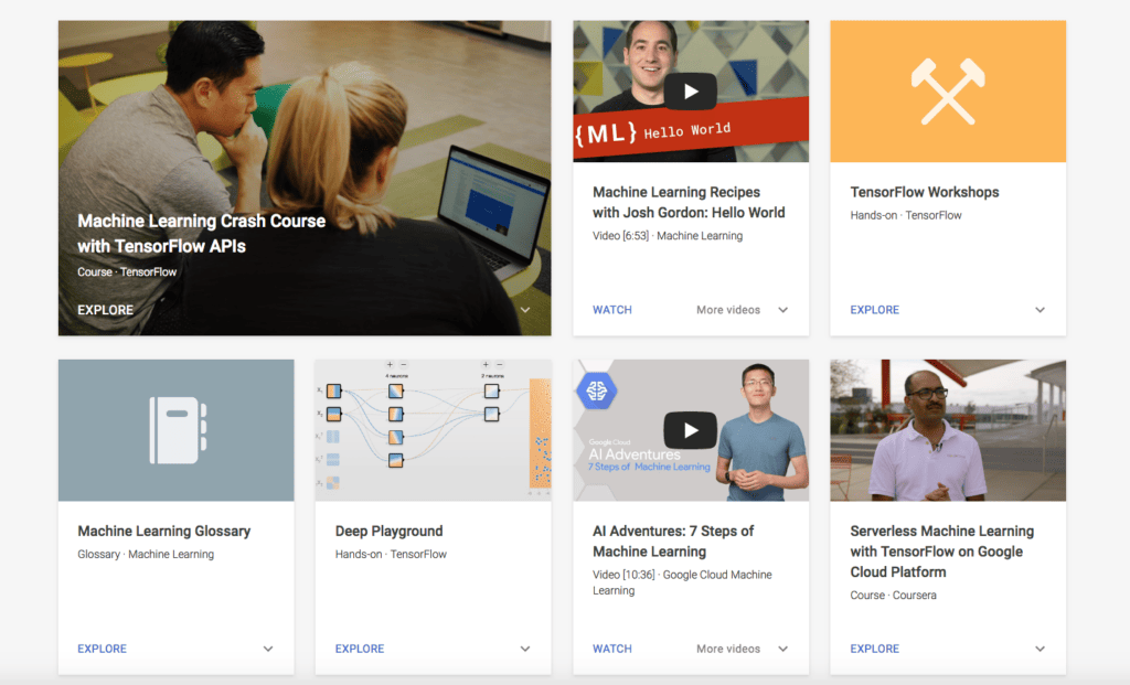 Capture d'écran des différentes ressources disponibles sur la plateforme Learn with Google AI. Capture d'écran des différentes ressources disponibles sur la plateforme Learn with Google AI.