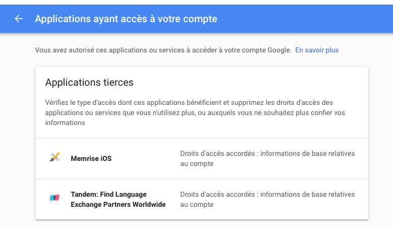 google paramètres applications
