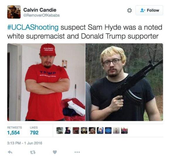 Capture d'écran d'un tweet lors de la tuerie de UCLA. knowyourmeme Capture d'écran d'un tweet lors de la tuerie de UCLA. knowyourmeme