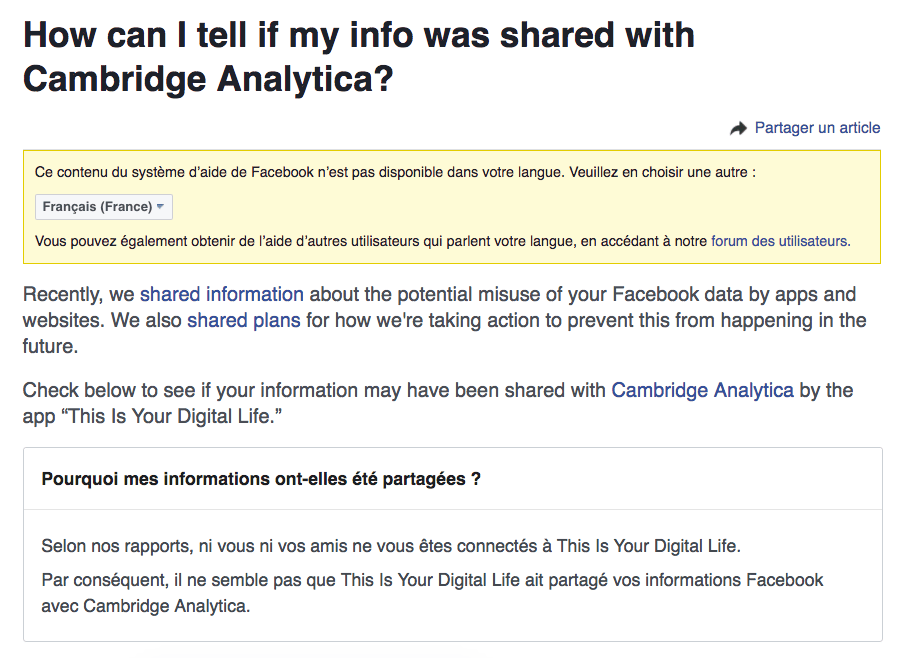 Capture d'écran Facebook du 10 avril 2018 sur l'affaire Cambridge Analytica. Facebook Capture d'écran Facebook du 10 avril 2018 sur l'affaire Cambridge Analytica. Facebook