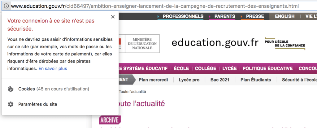 Le site de l'éducation nationale sur Chrome 67 // Source : Capture d'écran Numerama Le site de l'éducation nationale sur Chrome 67 // Source : Capture d'écran Numerama