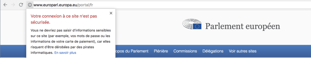 Site du parlement européen sous Chrome 68 // Source : Capture d'écran Numerama Site du parlement européen sous Chrome 68 // Source : Capture d'écran Numerama