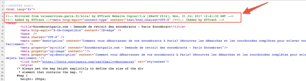 Capture d'écran du code source du site www.encombrantsparis.com