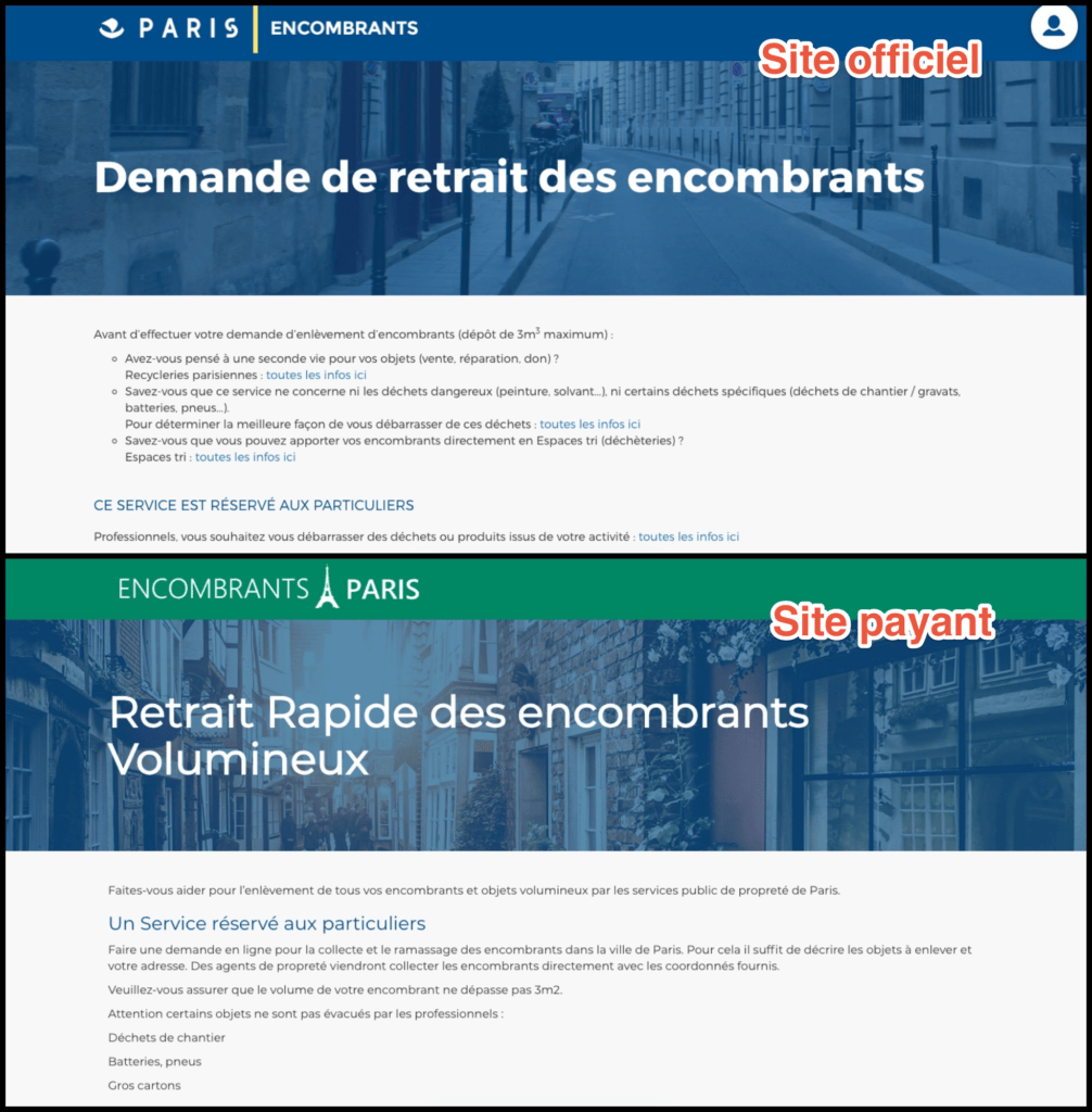 Comparaison des interfaces des deux sites d'encombrants (en haut celui de la ville de Paris, en bas le site payant)