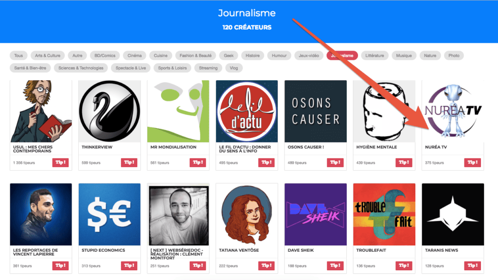 Capture d'écran de la catégorie « journalisme » de Tipeee. Nuréa TV se trouve dans les 10 premiers créateurs proposés. Capture d'écran de la catégorie « journalisme » de Tipeee. Nuréa TV se trouve dans les 10 premiers créateurs proposés.
