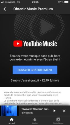 Capture d'écran du forfait YouTube Music Premium proposé sur iPhone Capture d'écran du forfait YouTube Music Premium proposé sur iPhone