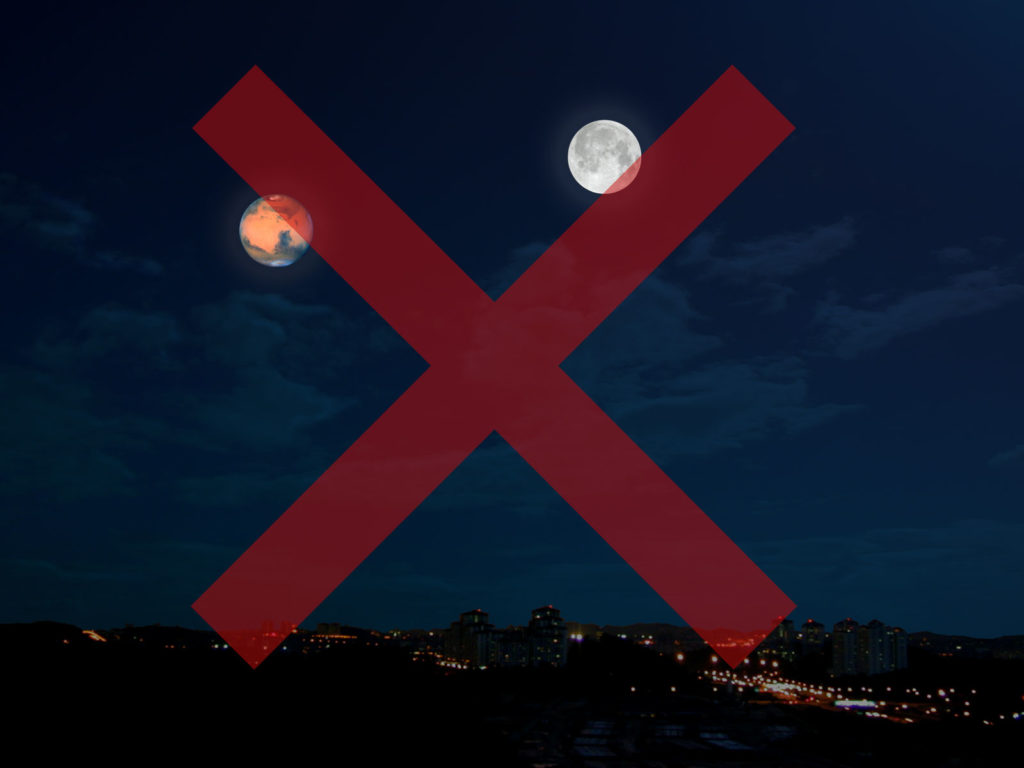 Non, Mars ne semblera pas aussi grosse que la Lune le 27 juillet. // Source : NASA/JPL-Caltech Non, Mars ne semblera pas aussi grosse que la Lune le 27 juillet. // Source : NASA/JPL-Caltech