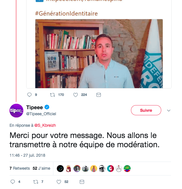 Capture d'écran d'un message envoyé à 11h46 le 27 juillet 2018 Twitter/Tipeee_Officiel Capture d'écran d'un message envoyé à 11h46 le 27 juillet 2018 Twitter/Tipeee_Officiel