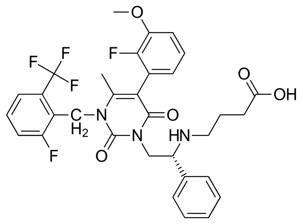 La formule de l'Elagolix // Source : Wikimedia/Domaine public La formule de l'Elagolix // Source : Wikimedia/Domaine public
