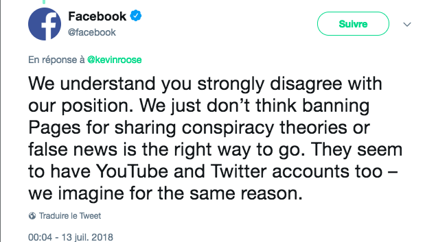 Capture d'écran d'un tweet de Facebook. 13 juillet 2018 Capture d'écran d'un tweet de Facebook. 13 juillet 2018