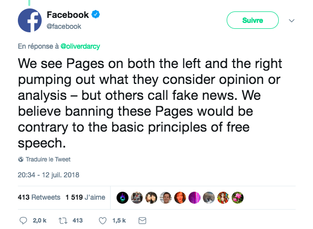 Capture d'écran d'un tweet de Facebook. 13 juillet 2018 Capture d'écran d'un tweet de Facebook. 13 juillet 2018