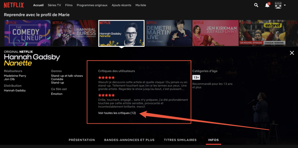 Capture d'écran de l'onglet INFOS de Netflix Capture d'écran de l'onglet INFOS de Netflix