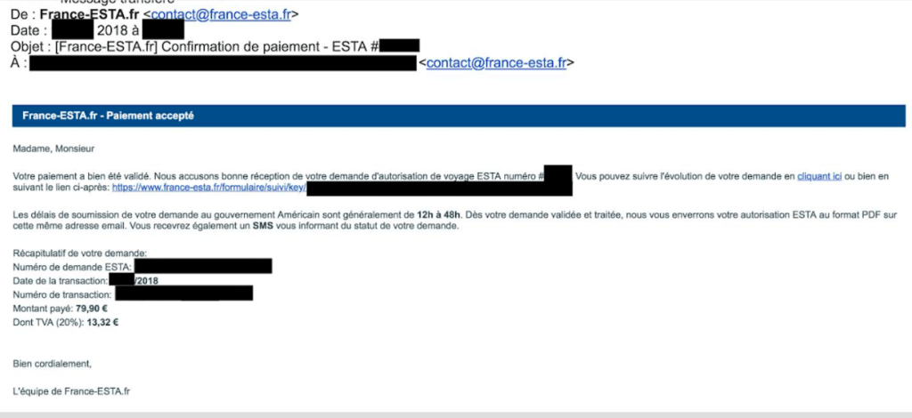 Capture d'écran d'un mail de confirmation de paiement de france-esta.fr // Source : MT pour Numerama Capture d'écran d'un mail de confirmation de paiement de france-esta.fr // Source : MT pour Numerama
