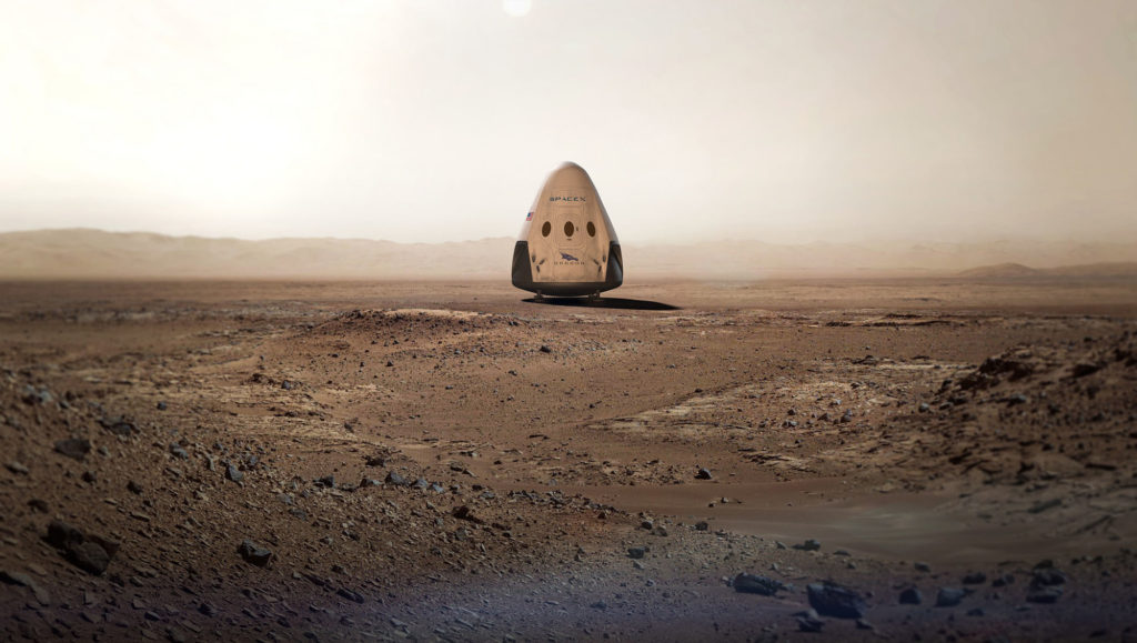 Concept d'un atterrissage de capsule Dragon sur Mars. // Source : SpaceX Concept d'un atterrissage de capsule Dragon sur Mars. // Source : SpaceX