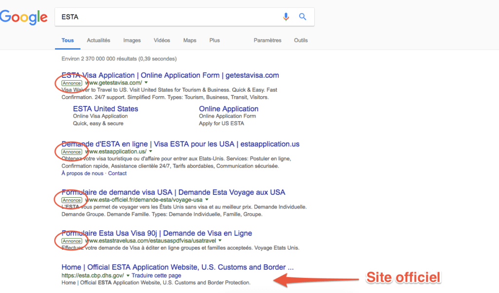 Capture d'écran d'une recherche en navigation cachée pour "ESTA" // Source : Google Capture d'écran d'une recherche en navigation cachée pour "ESTA" // Source : Google