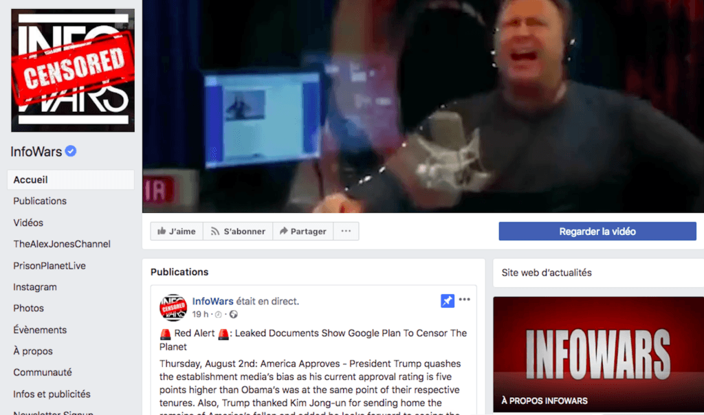 Capture d'écran de la page InfoWars sur Facebook le 3 août 2018 // Source : Facebook/Infowars Capture d'écran de la page InfoWars sur Facebook le 3 août 2018 // Source : Facebook/Infowars